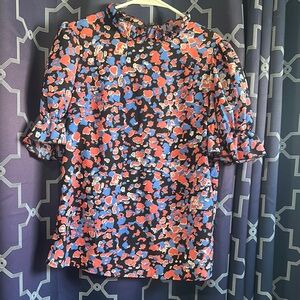 Floral Ruffle Sleeve Top - Black, Red, Blue